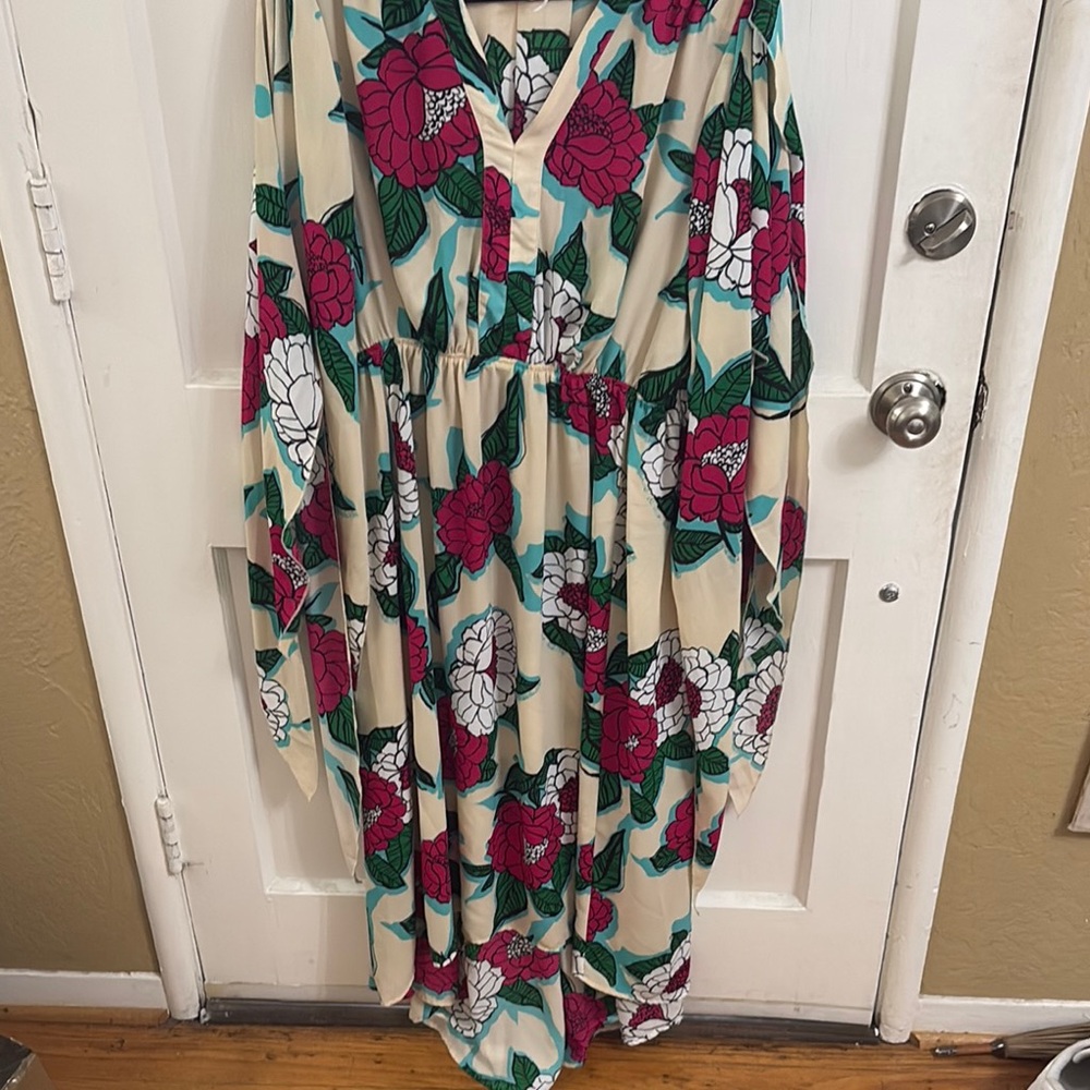 Melissa McCarthy Floral High-Low Dress in Cream, Fuchsia, White, Green